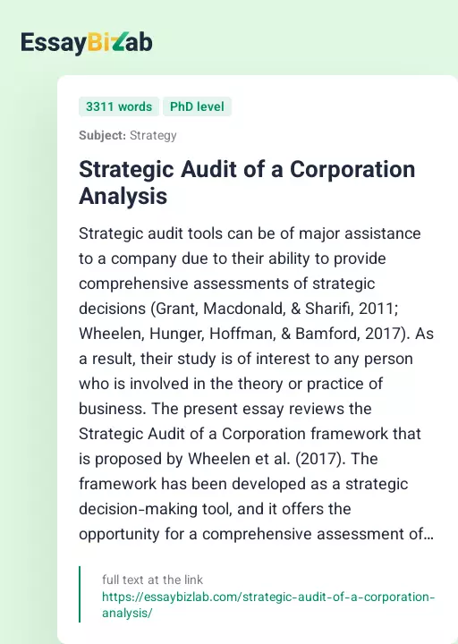 Strategic Audit of a Corporation Analysis - Essay Preview