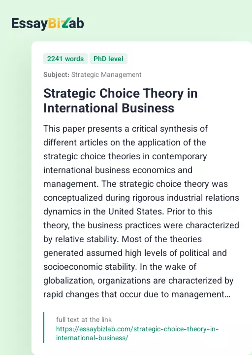 Strategic Choice Theory in International Business - Essay Preview