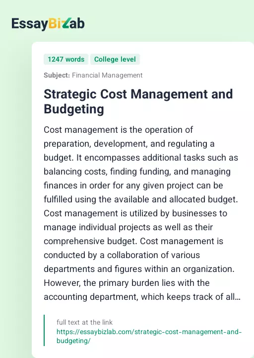Strategic Cost Management and Budgeting - Essay Preview