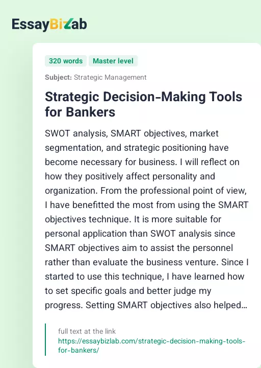 Strategic Decision-Making Tools for Bankers - Essay Preview
