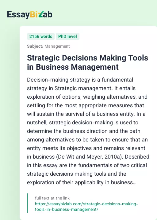 Strategic Decisions Making Tools in Business Management - Essay Preview