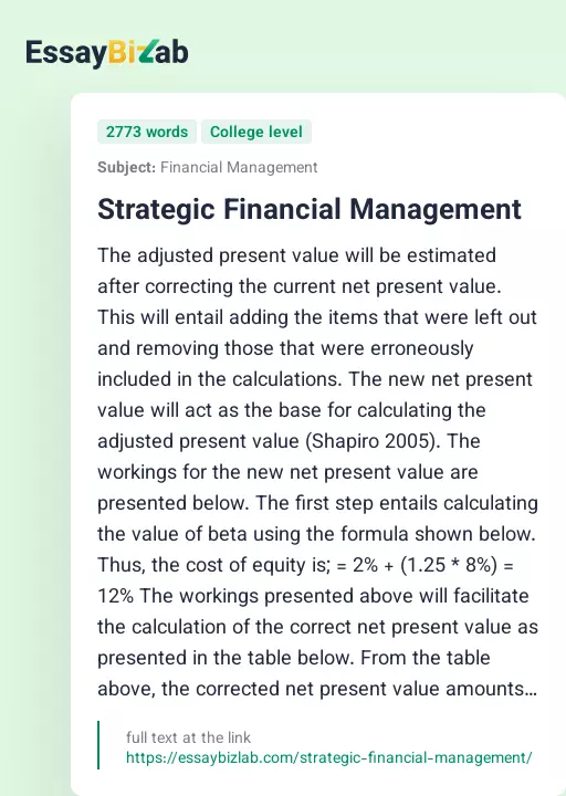 Strategic Financial Management - Essay Preview