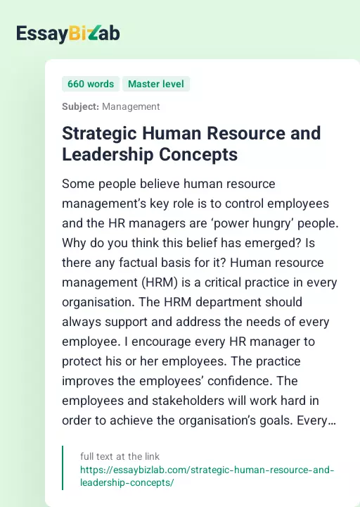 Strategic Human Resource and Leadership Concepts - Essay Preview