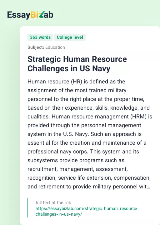 Strategic Human Resource Challenges in US Navy - Essay Preview