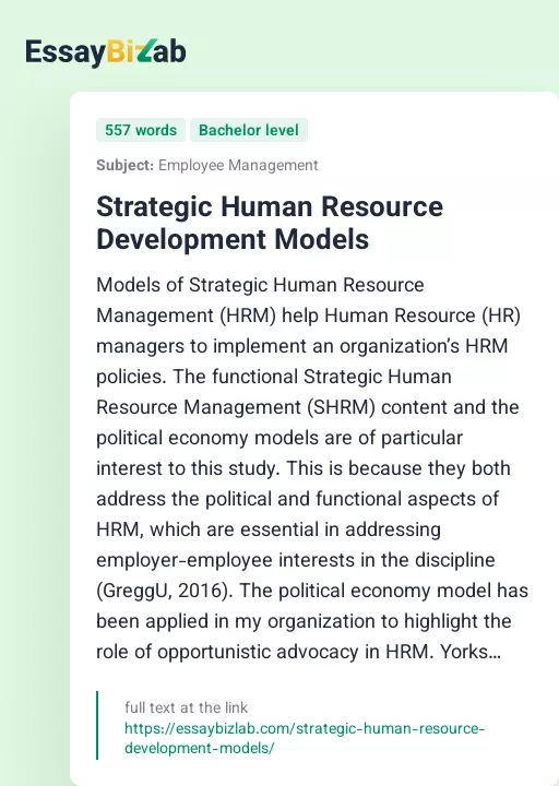 Strategic Human Resource Development Models - Essay Preview