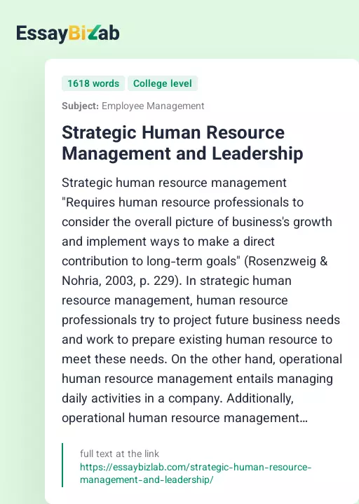 Strategic Human Resource Management and Leadership - Essay Preview