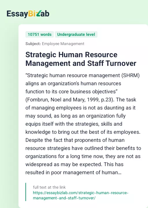 Strategic Human Resource Management and Staff Turnover - Essay Preview