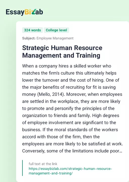 Strategic Human Resource Management and Training - Essay Preview