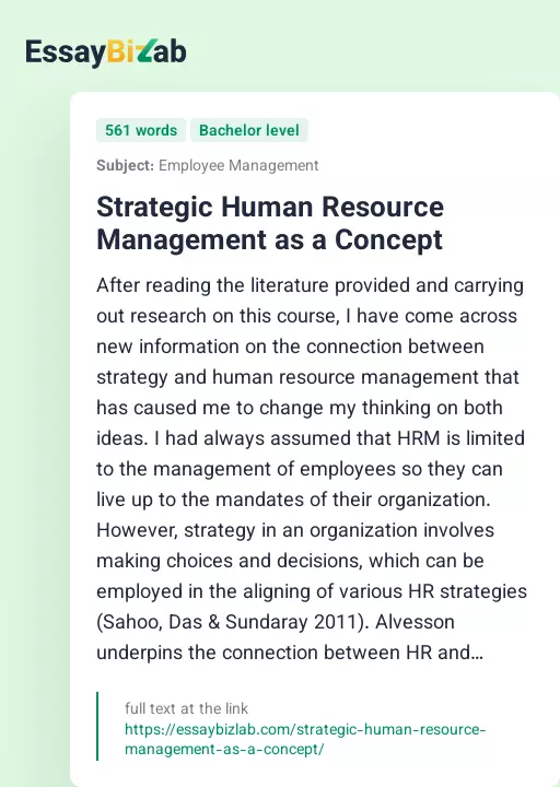 Strategic Human Resource Management as a Concept - Essay Preview