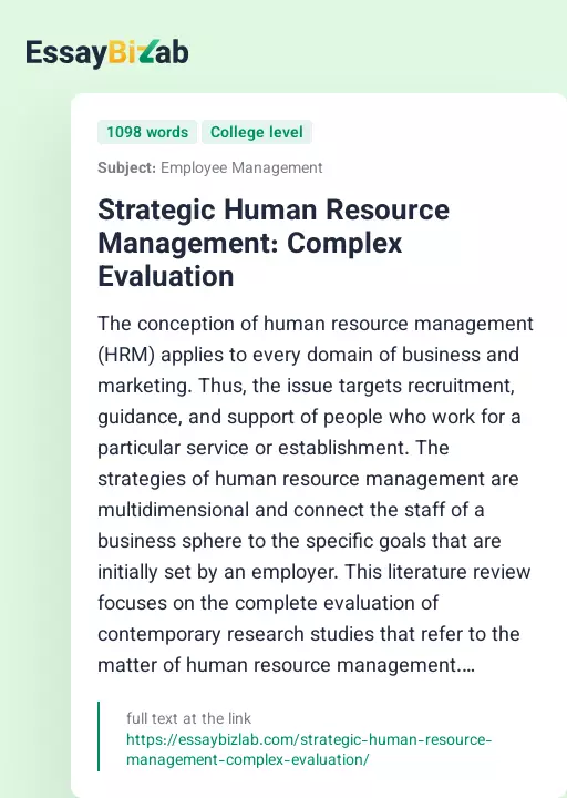 Strategic Human Resource Management: Complex Evaluation - Essay Preview