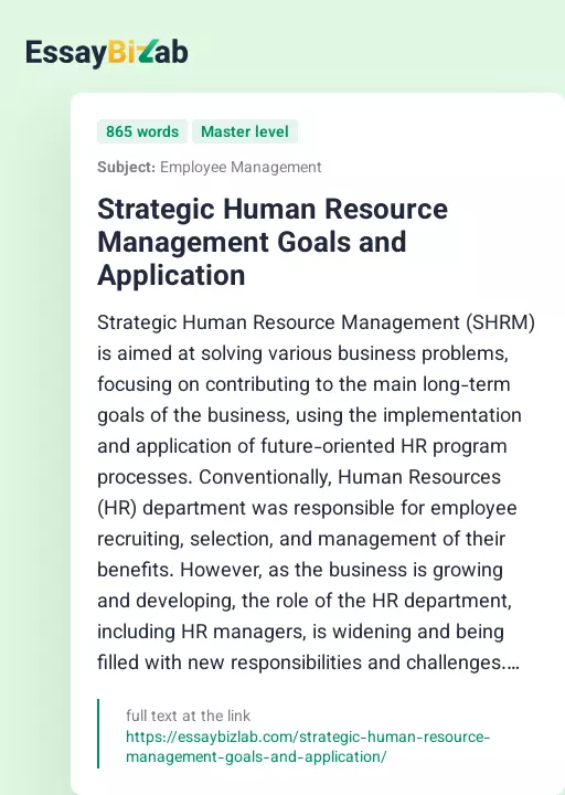 Strategic Human Resource Management Goals and Application - Essay Preview