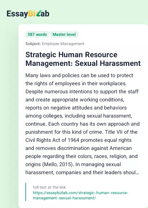 Strategic Human Resource Management: Sexual Harassment - Essay Preview