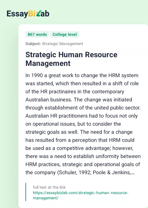 Strategic Human Resource Management - Essay Preview
