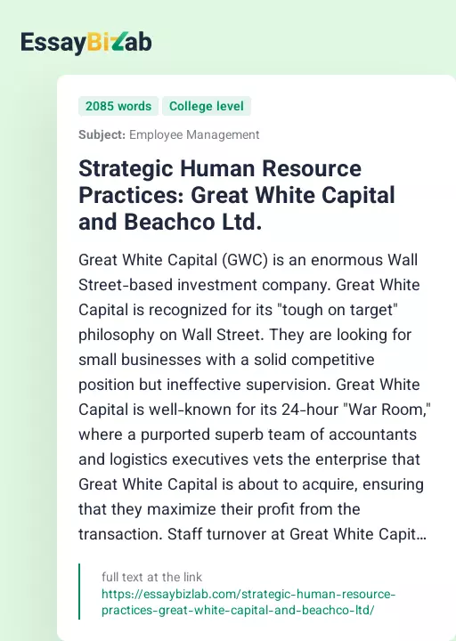 Strategic Human Resource Practices: Great White Capital and Beachco Ltd. - Essay Preview