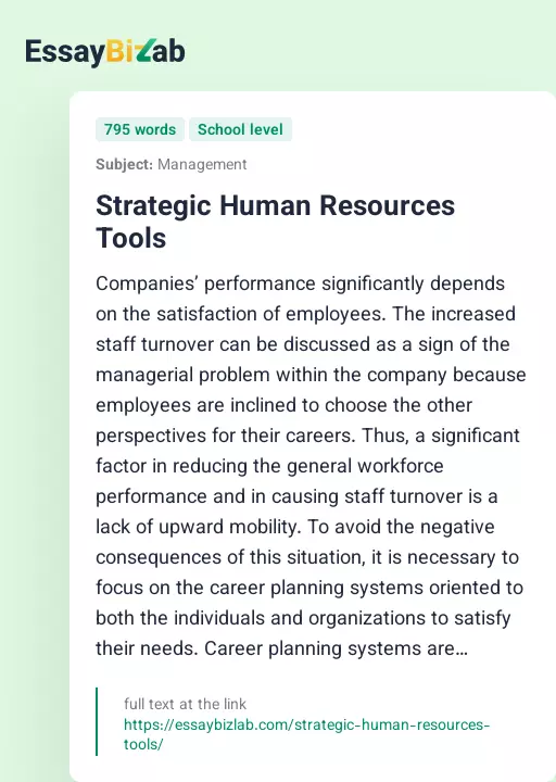 Strategic Human Resources Tools - Essay Preview
