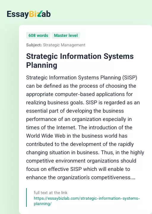 Strategic Information Systems Planning - Essay Preview
