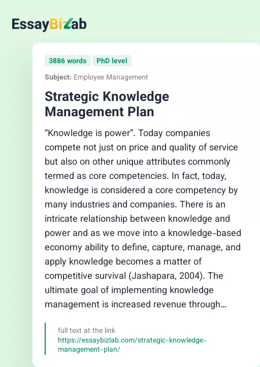 Strategic Knowledge Management Plan - Essay Preview