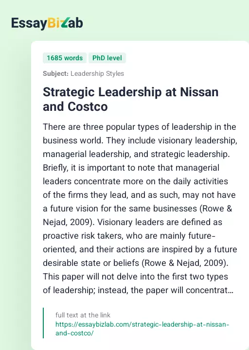 Strategic Leadership at Nissan and Costco - Essay Preview