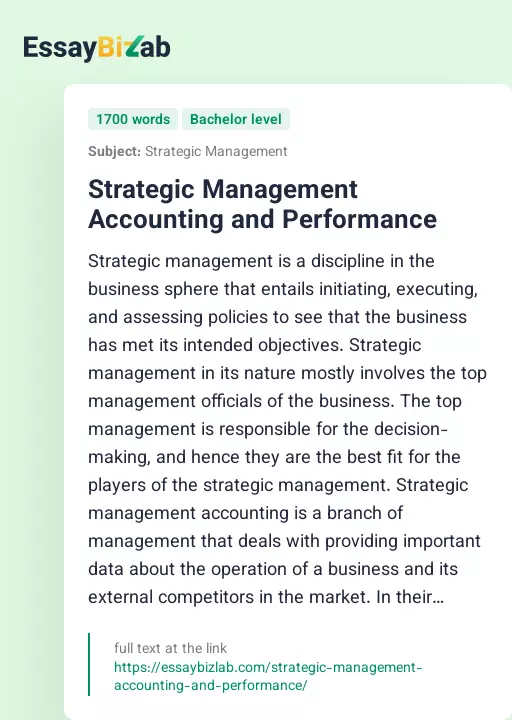 Strategic Management Accounting and Performance - Essay Preview
