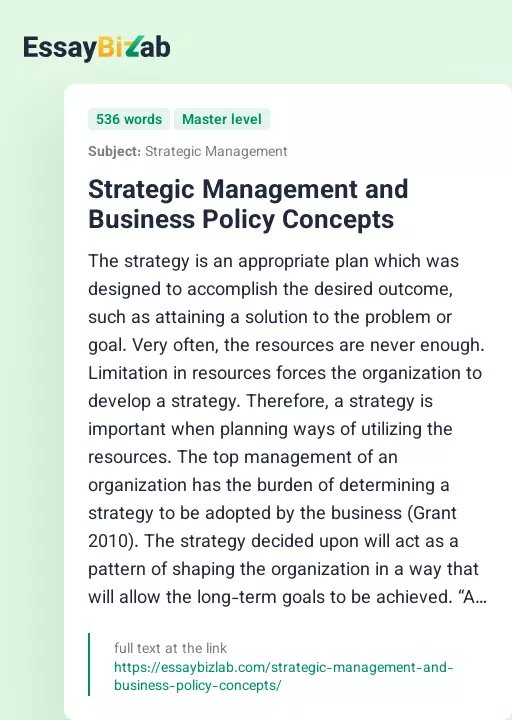 Strategic Management and Business Policy Concepts - Essay Preview