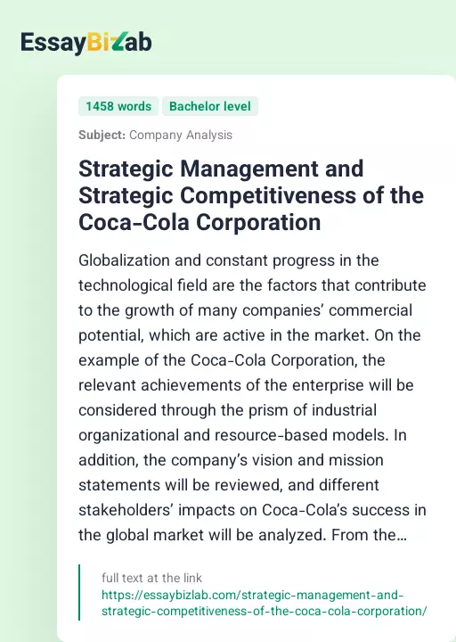 Strategic Management and Strategic Competitiveness of the Coca-Cola Corporation - Essay Preview