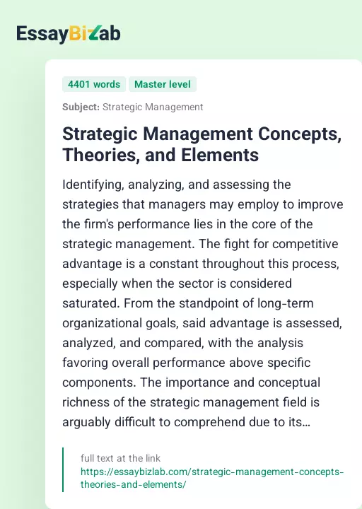 Strategic Management Concepts, Theories, and Elements - Essay Preview
