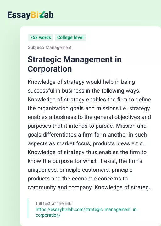 Strategic Management in Corporation - Essay Preview