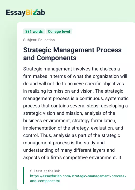 Strategic Management Process and Components - Essay Preview