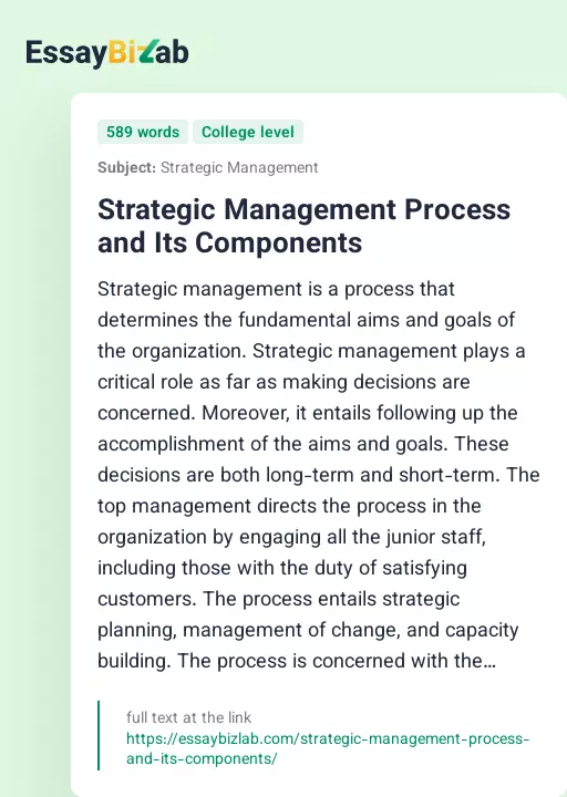 Strategic Management Process and Its Components - Essay Preview