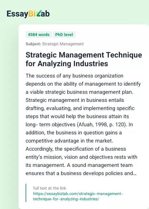 Strategic Management Technique for Analyzing Industries - Essay Preview