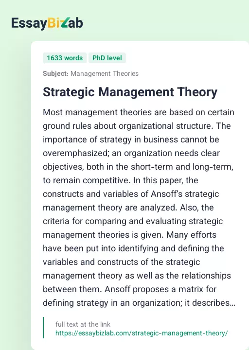 Strategic Management Theory - Essay Preview