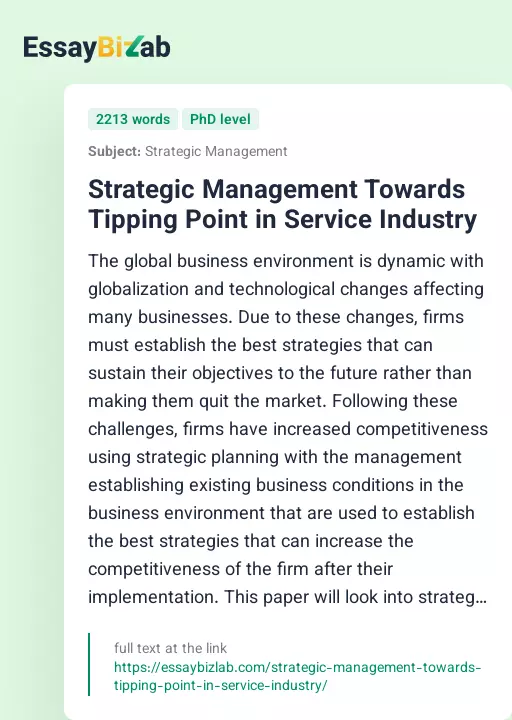 Strategic Management Towards Tipping Point in Service Industry - Essay Preview