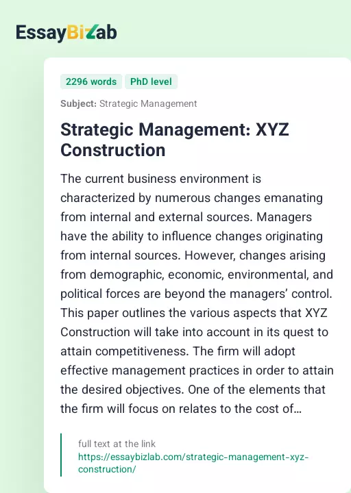 Strategic Management: XYZ Construction - Essay Preview
