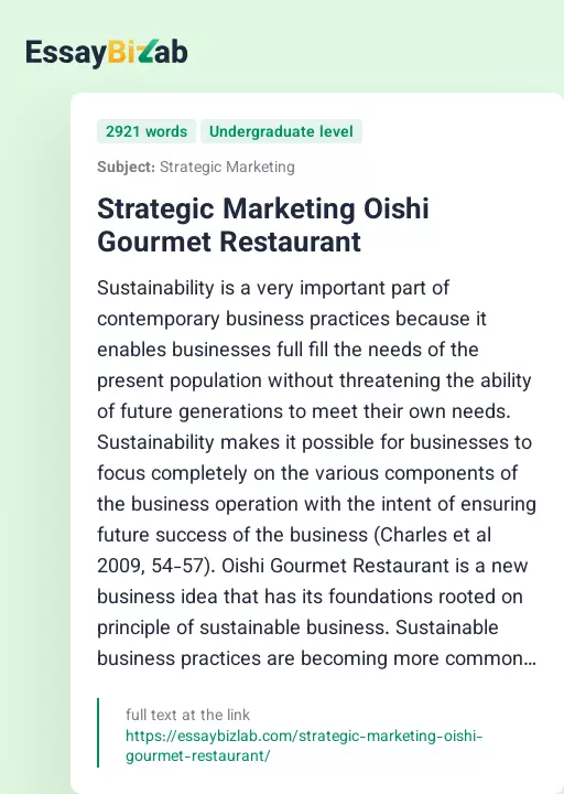 Strategic Marketing Oishi Gourmet Restaurant - Essay Preview
