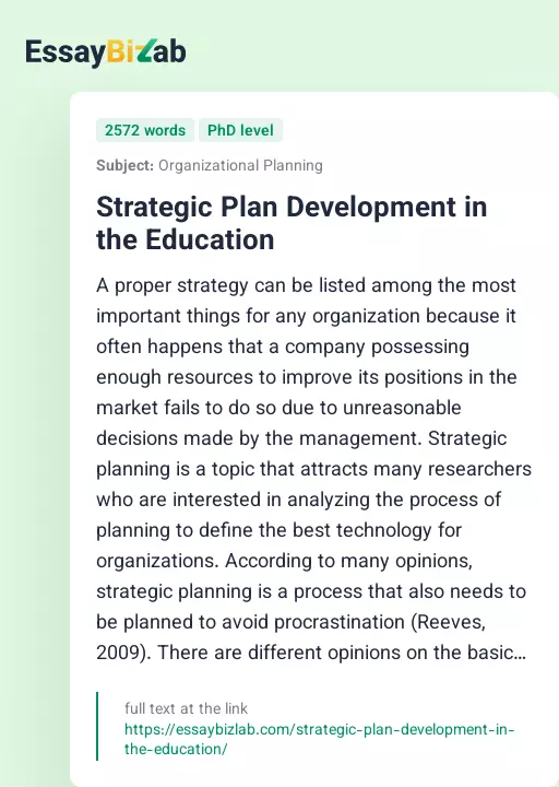 Strategic Plan Development in the Education - Essay Preview
