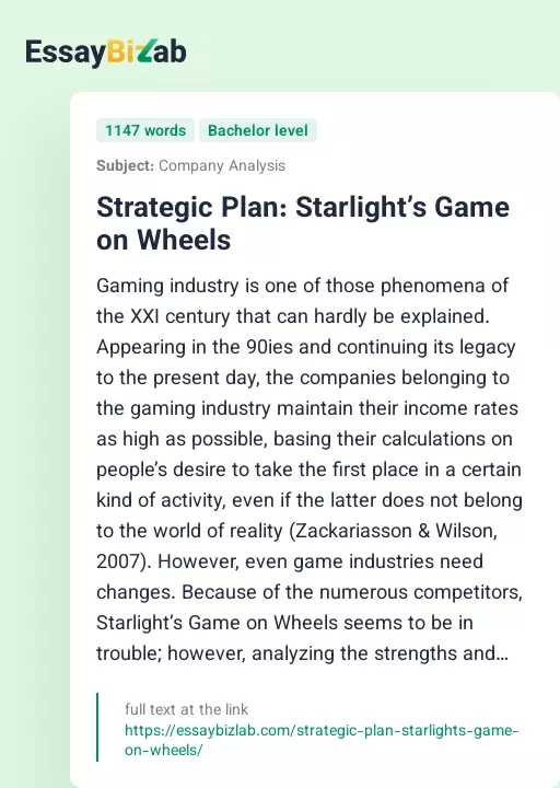 Strategic Plan: Starlight’s Game on Wheels - Essay Preview