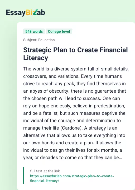 Strategic Plan to Create Financial Literacy - Essay Preview