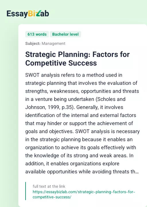 Strategic Planning: Factors for Competitive Success - Essay Preview