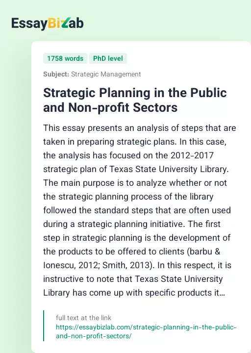 Strategic Planning in the Public and Non-profit Sectors - Essay Preview