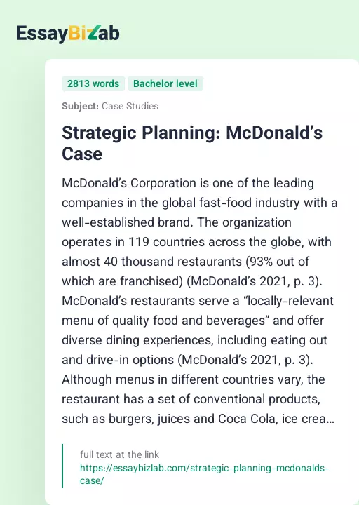 Strategic Planning: McDonald’s Case - Essay Preview