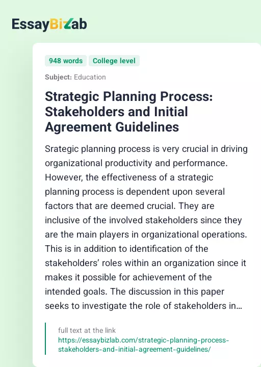 Strategic Planning Process: Stakeholders and Initial Agreement Guidelines - Essay Preview
