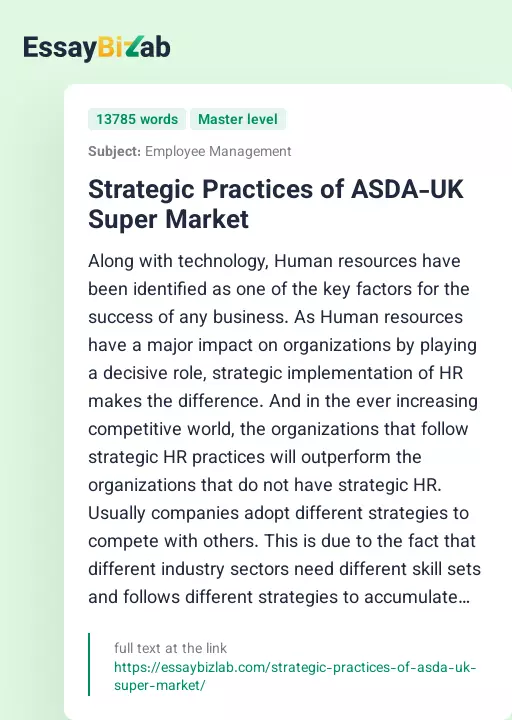 Strategic Practices of ASDA-UK Super Market - Essay Preview