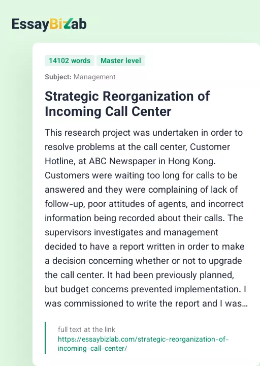 Strategic Reorganization of Incoming Call Center - Essay Preview