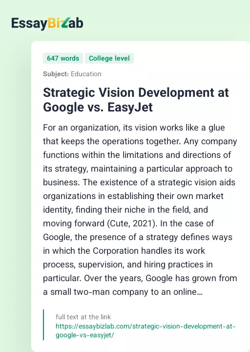 Strategic Vision Development at Google vs. EasyJet - Essay Preview