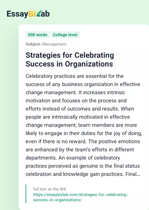 Strategies for Celebrating Success in Organizations - Essay Preview