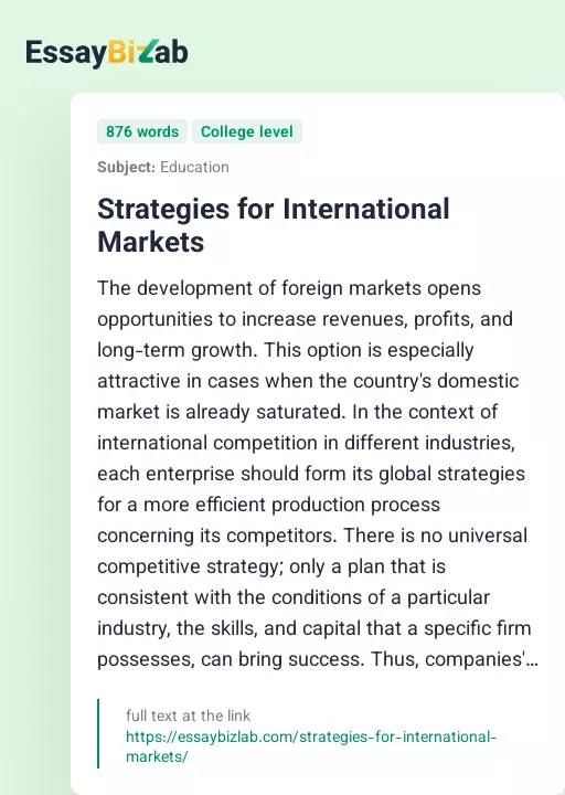 Strategies for International Markets - Essay Preview