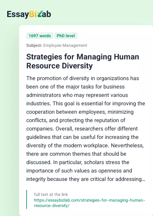Strategies for Managing Human Resource Diversity - Essay Preview