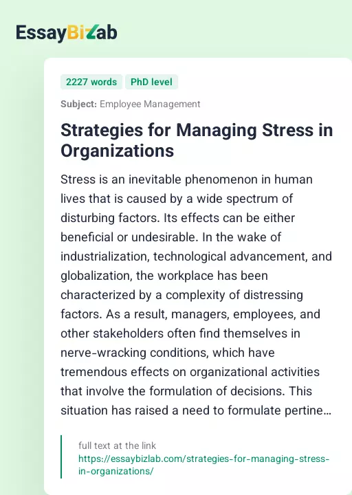 Strategies for Managing Stress in Organizations - Essay Preview