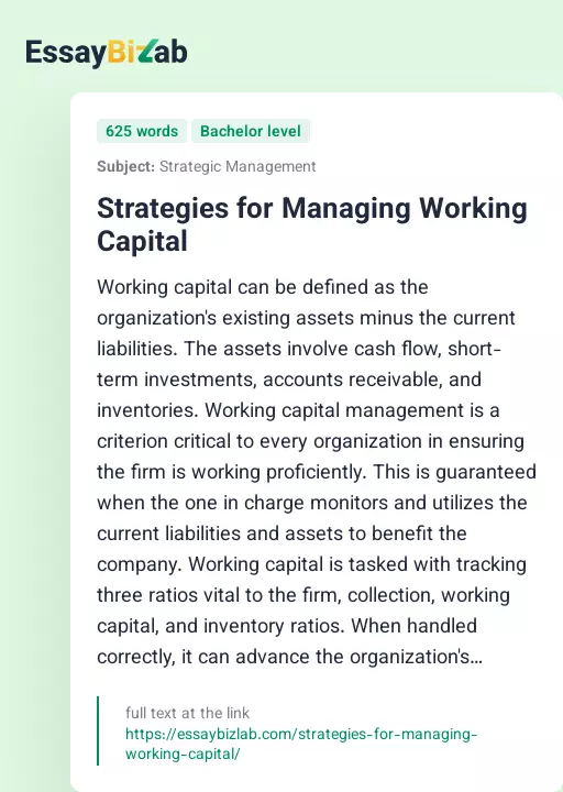 Strategies for Managing Working Capital - Essay Preview