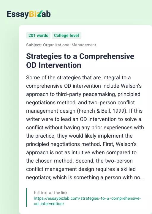 Strategies to a Comprehensive OD Intervention - Essay Preview